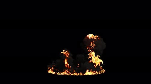 Large scale fire burning high angle transparent background.