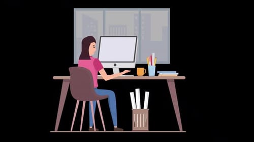Designer Girl Working on Computer On Alpha Channel 4K