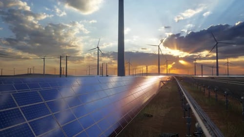 Alternative Energy Sources With Wind Mill And Solar Panel For Green Energy Production