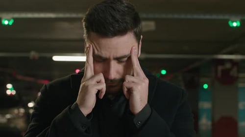 Sick Caucasian Man Suffer From Headache Pain Male Businessman Touch Head Massaging Temples Feel Hurt