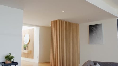 Caméra panoramique vers la droite pendant le jeu, révélant une cloison, une étagère à miroir, un canapé gris présentant l'intérieur