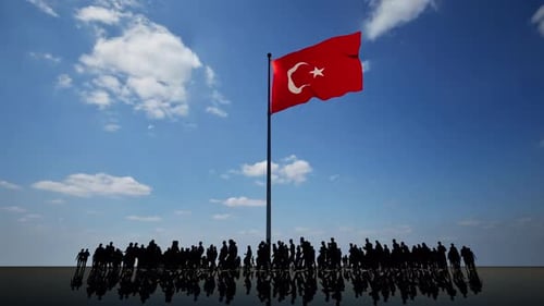 Waving Turkish Flag with Silhouetted Patriotic Crowd Against Blue Sky