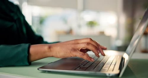 Typing, journalist or hands in office with laptop, industry research or edit of article