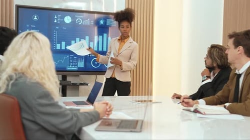 Presentation in office or ornament meeting room with analyst team