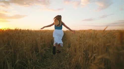 Happy Little Girl is Running on Golden Wheat Fields in Summer Vacation Sunset in Countryside