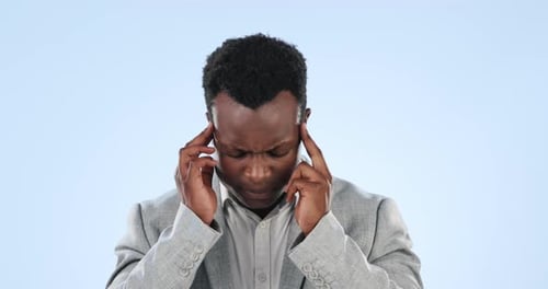 Stress, migraine and African businessman in a studio with mistake, crisis or fail frustration