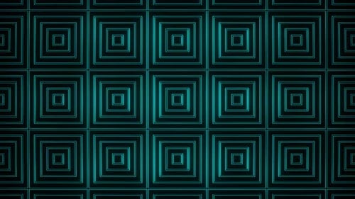 Blaugrün auf schwarzem abstraktem Neon-Hintergrund mit leuchtenden quadratischen Mustern und VJ-Loop-Animation in 4K