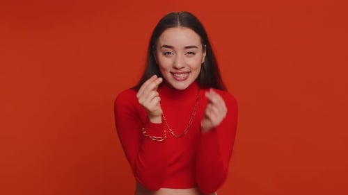 Woman Rubbing Fingers Show Cash Gesture Demands to Pay Back the Debt Take Loan Do Shopping Begging