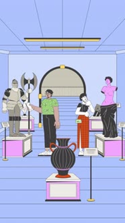 Ancient artifacts in indoor museum cartoon vertical animation