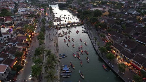 Aerial View of Hoi An Ancient Town with Lantern Boats on Hoai River in Hoi An Vietnam