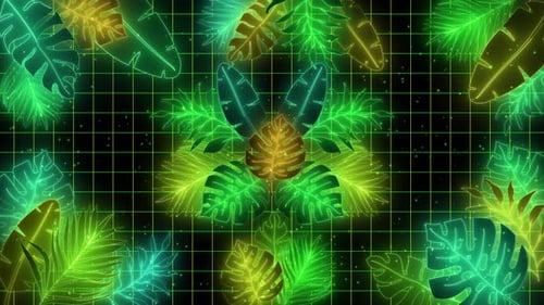 Retro Neon Glowing Tropical Leaves Grid Background Animation