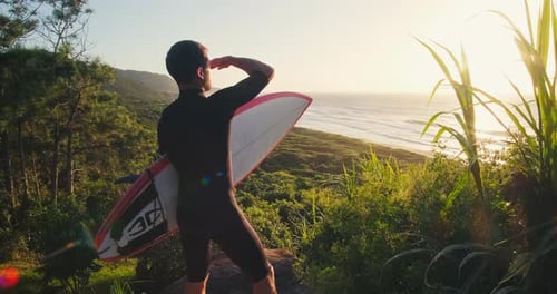 Surfer with board. Surfer in black wetsuit stands on the grass holds the surf board and checks