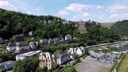 Aerial flying drone shot of the Rhine River Valley and Old Architecture - including medieval castles