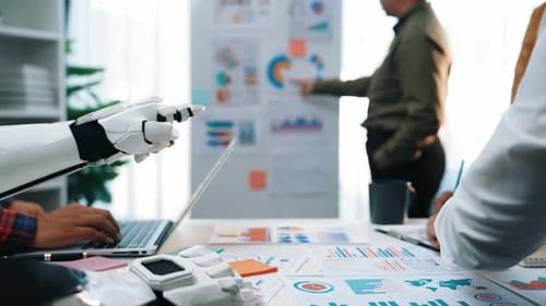 Business Team Meeting with Humanoid Robot in Office