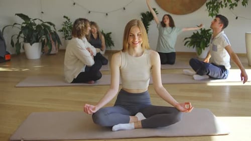 Immerse Yourself in a Tranquil Yoga Session Within a Sunny Studio Filled with Happy Participants