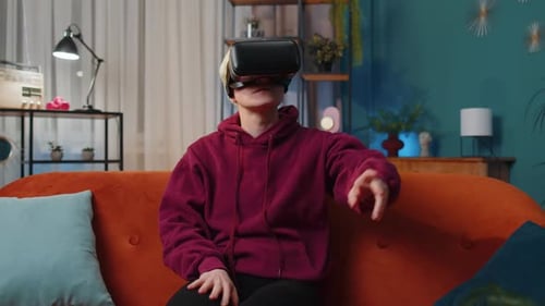 Woman Using Virtual Reality Headset in Living Room