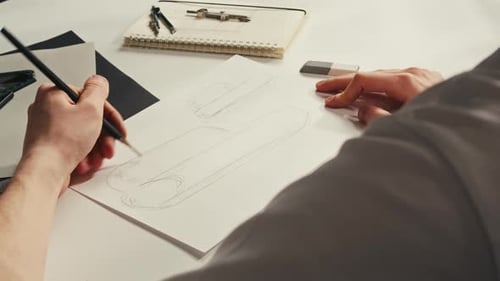 Junger Künstler zeichnet Sessel, Sofa mit Bleistift auf weißem Papier. Der Designer macht Skizzen für das