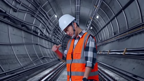 Side View Of Asian Male Engineer Having A Headache While Working In Subway Tunnel