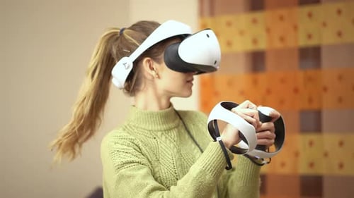 Woman Using Virtual Reality Headset at Home
