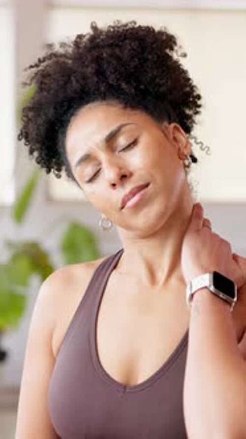 Woman, neck pain and stress at gym with injury, massage and burnout with fibromyalgia at wellness