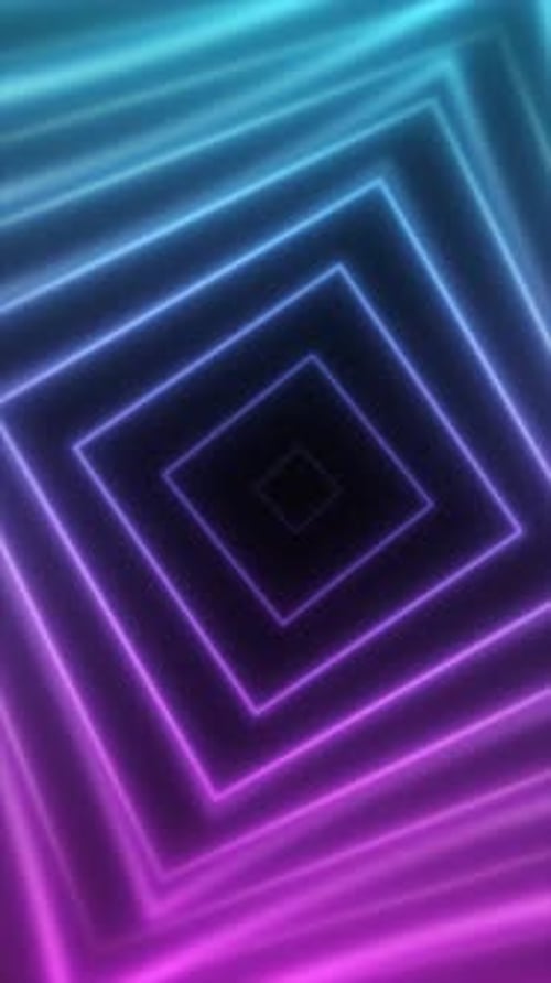 Abstract geometric neon tunnel of glowing squares in blue and purple tones