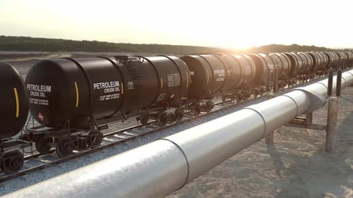 Industrial Crude Oil Train and Pipeline at Sunset