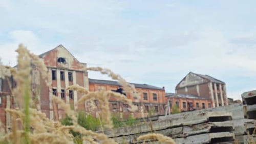 Abandoned Factory Middle of a Field in a Dangerous Condition with Collapsed Walls and Windows