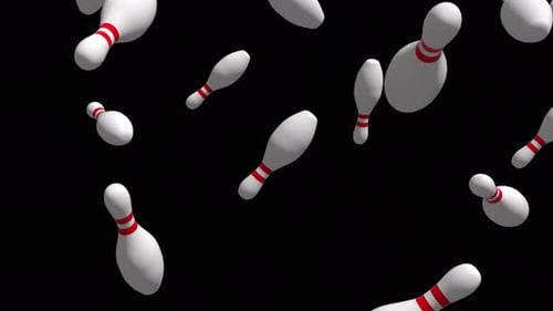 Falling white and red bowling pins over alpha channel. Rain of bowling pins across the screen.