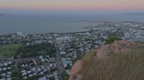 Sunset View Of Townsville Suburb From Caste Hill Lookout In Queensland Australia. Cleveland Bay And