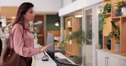 Irritated, woman and reception with bell at hotel for assistance, delay and waiting to check in