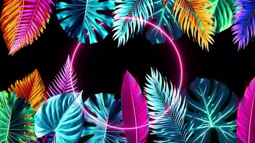 Vibrant Neon Tropical Leaves With Glowing Pink Circle Frame On Black Background,a Glowing