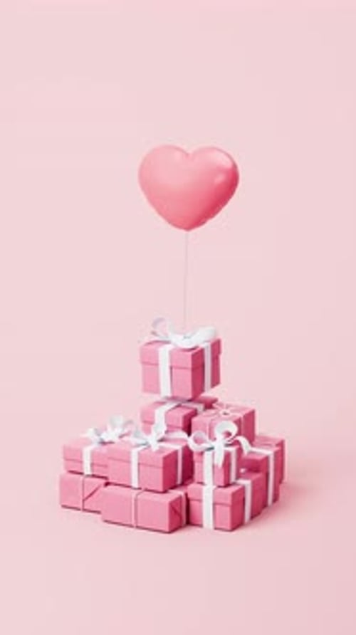 Pink Heart Balloon Delivering Gift Box to Presents Stack