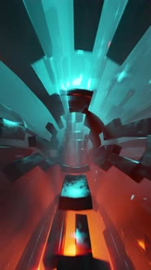 Néons lumineux et lumineux le long d'une boucle de tunnel sans fin, animation 3D