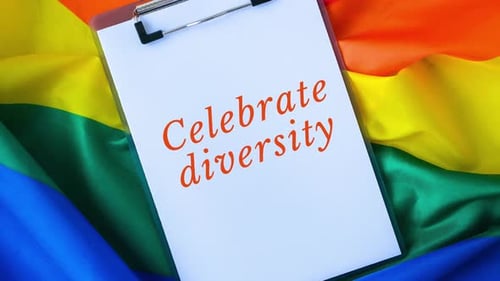 Zoom in Out Rainbow Flag with Text CELEBRATE DIVERSITY Message Paper Note
