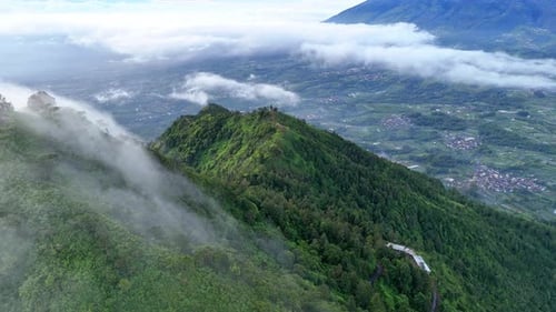 Aerial view of mountain forest in fog