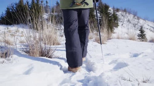 Senior man trekking through snow covered winter landscape in slovakia