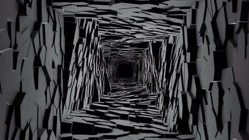 Einfarbiger 3D-Hintergrund mit dunklem abstraktem Korridor aus zufällig beweglichen Blöcken
