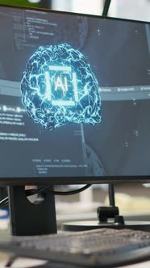 Pantalla de PC de vídeo vertical en el escritorio de la oficina de inicio que muestra el Código de Inteligencia Artificial