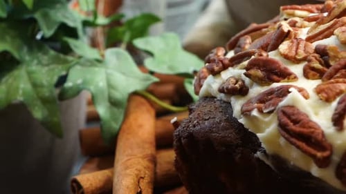 Close up of Dessert Cupcake with Cream and Pecans