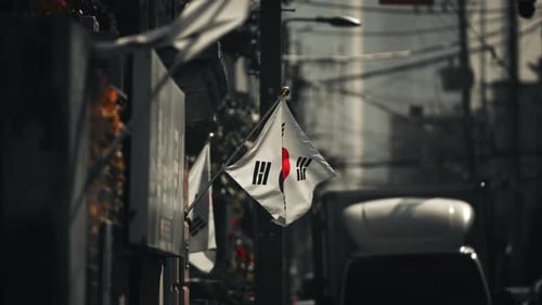 South Korean flags waving along narrow Seoul street with urban background