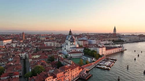 Establishing Aerial View of Venice City Skyline at Sunrise Italy