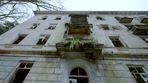 Facade of Abandoned Building on Background of Sky Action Abandoned House in Wooded Area Abandoned