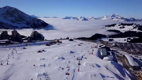 Backwards Pan Of Alpine Freestyle Park