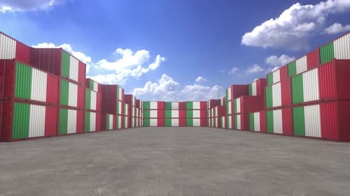 Italy export or import concept. Italian flag containers are located at the container terminal