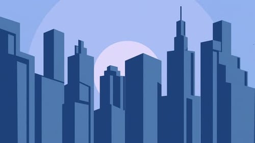Animated Flat Design Cityscape Build and Sun Reveal