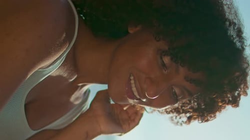 Smiling Girl Making Selfie Posing at Beach Closeup Vertically Portrait Woman