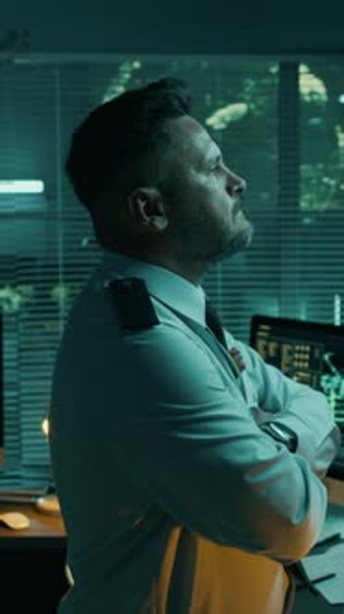 Man Works at Computer in Dark Office