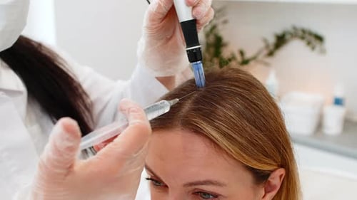 Un cosmétologue trichologue applique la mésothérapie du cuir chevelu avec une seringue et un dermapen dans une clinique de beauté