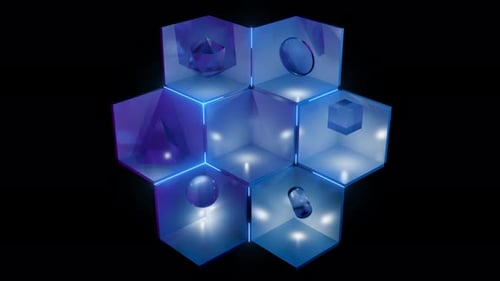 Abstract Neon Hexagon Grid Animation with Translucent 3D Shapes