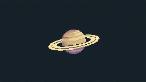 Pixelkunst, Saturn, rotierende Ringe, die sich im Sternenraum drehen, Retro-Einstellung, nahtloser Loop, Stop-Motion-Dra